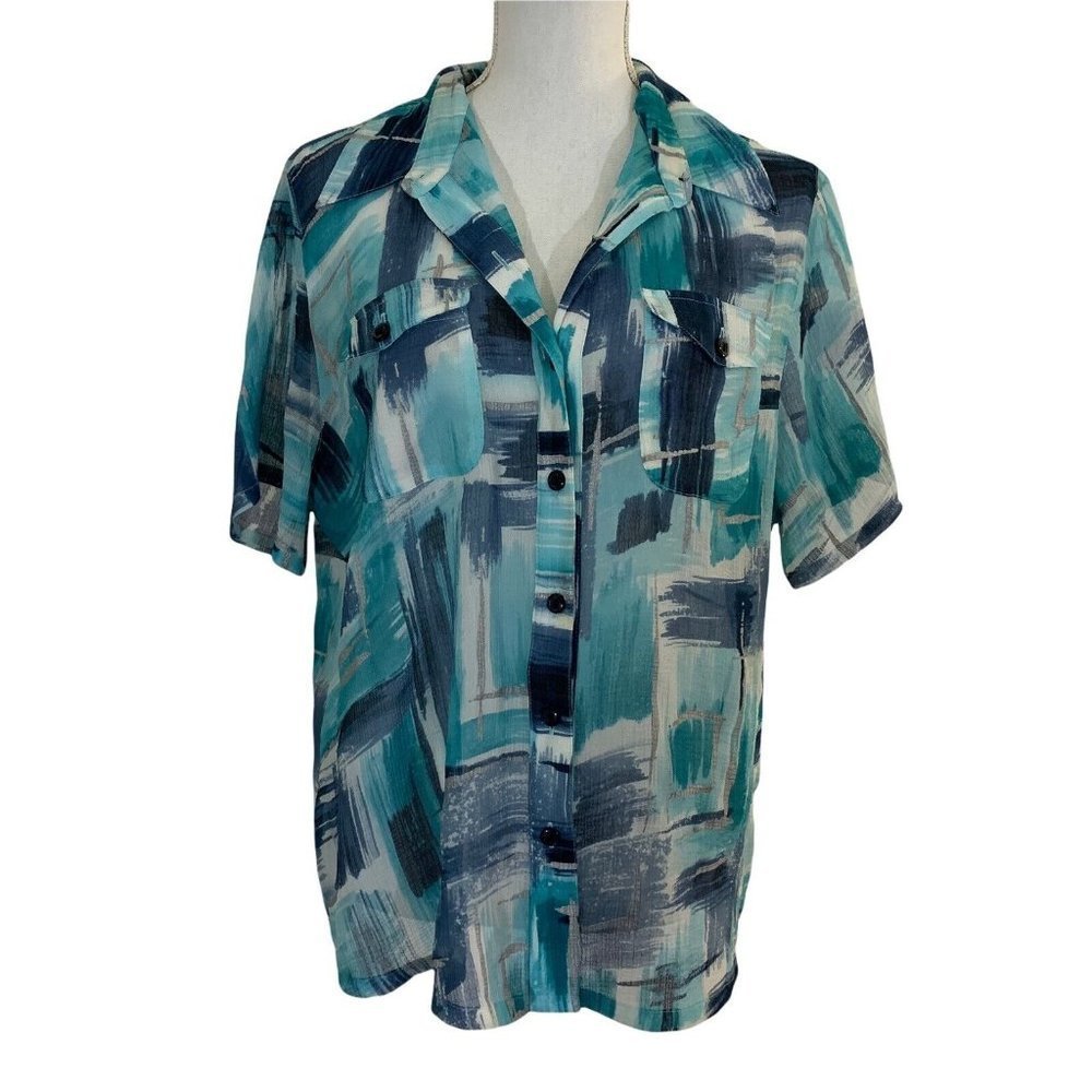 Vintage 80s Sheer Blue Geometric Pattern Top Pockets Silver Stripes